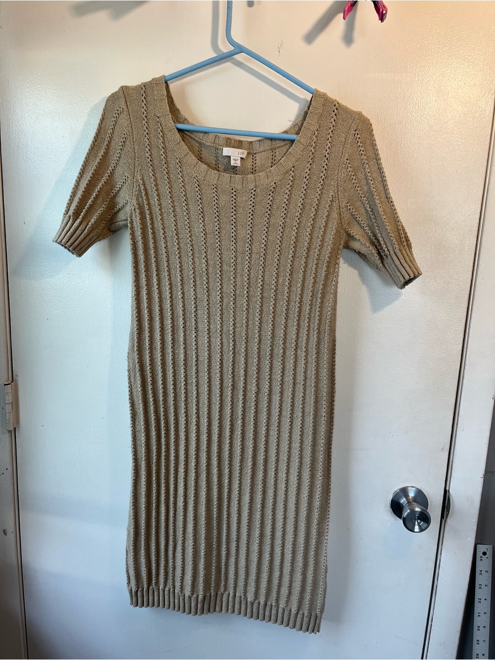 J. Jill Petite Small Beige Ribbed Knit Sweater Dress Short Sleeve Silk Blend